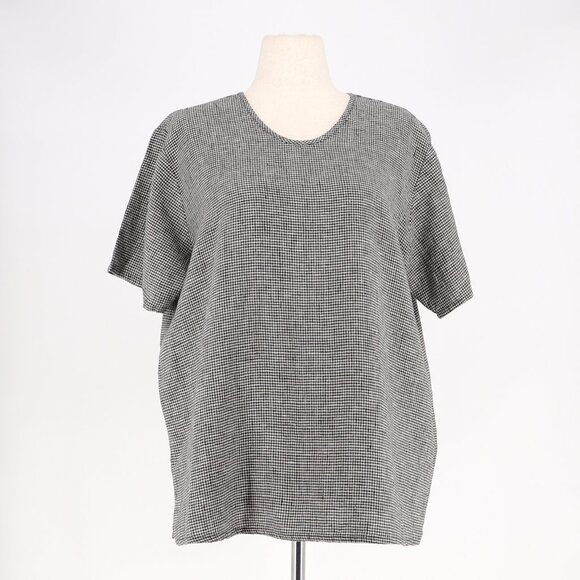 FLAX 100% Linen Gingham Micro-Check Short Sleeve Top Black/White Size M - Picture 1 of 6